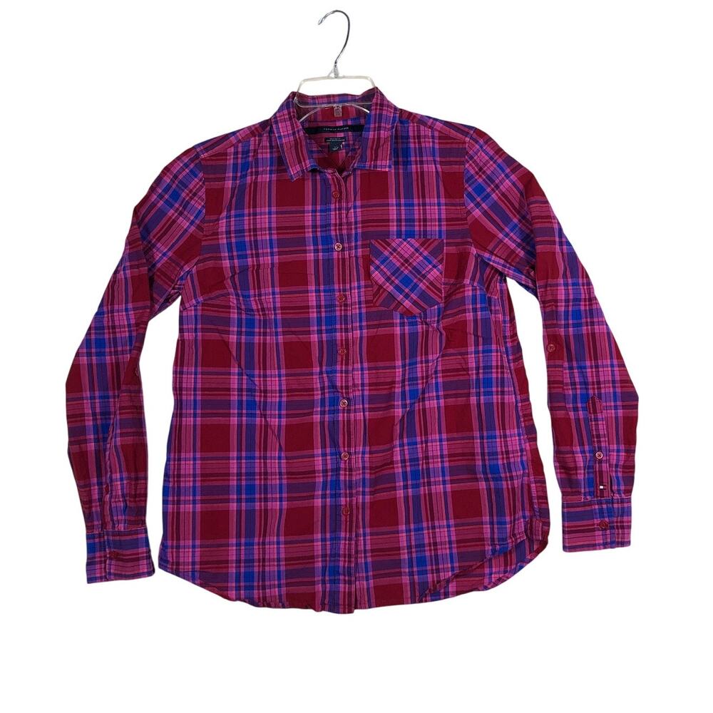 Tommy Hilfiger Relaxed Fit Shirt Womens Small Button Down Plaid Roll Tab Red